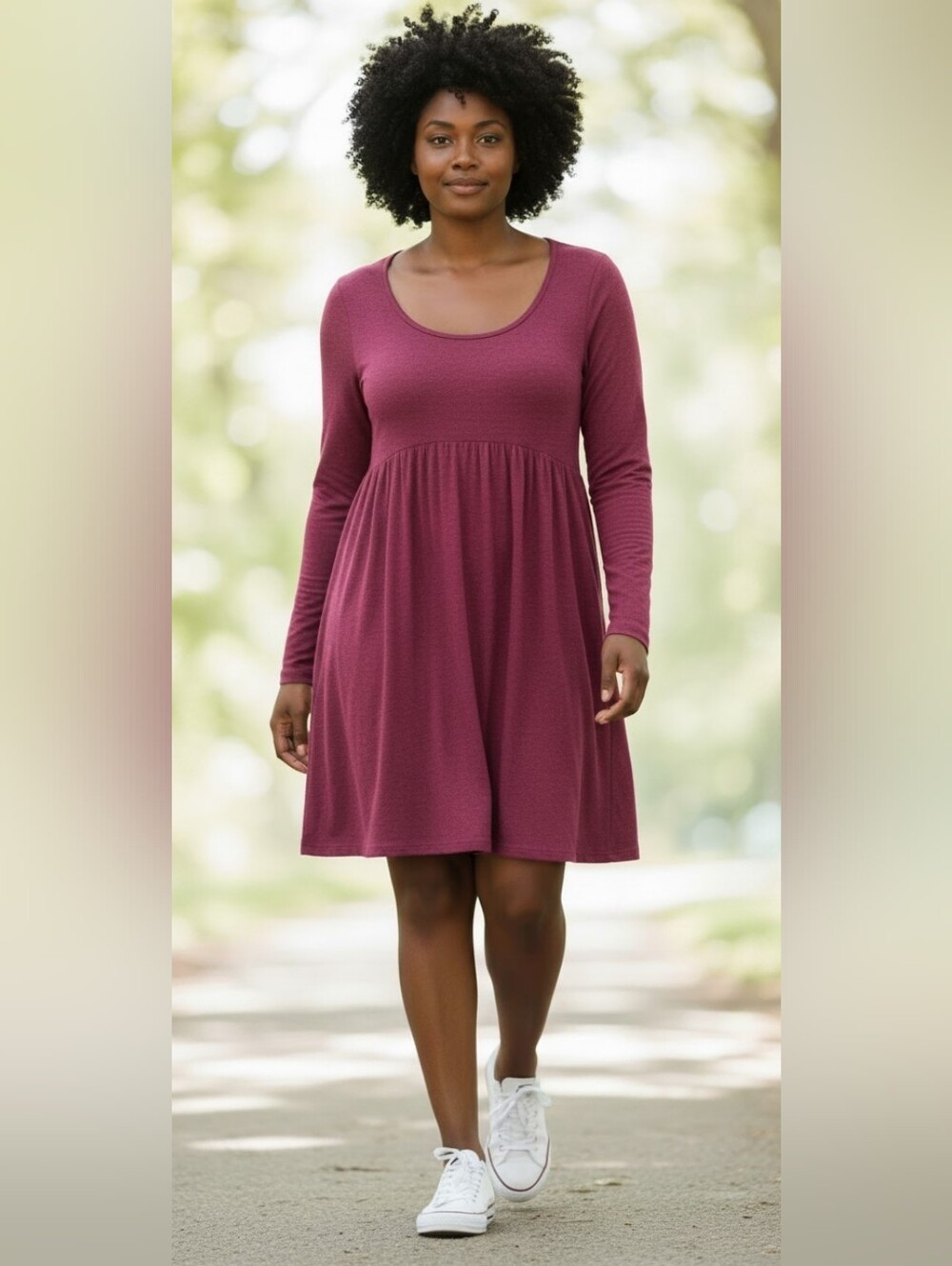 NINEXIS Long Sleeve Scoop Neck Babydoll Midi Dress in Berry